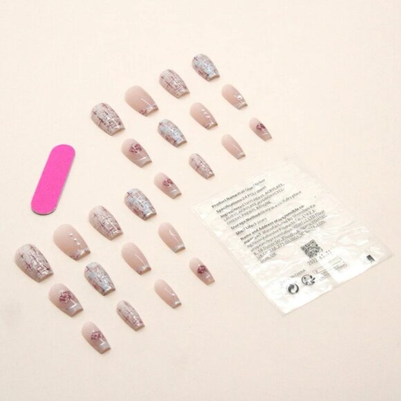 24pcs Short Coffin Plaid Pearl Flower Pattern Press-on Nails - Picture 2 of 4